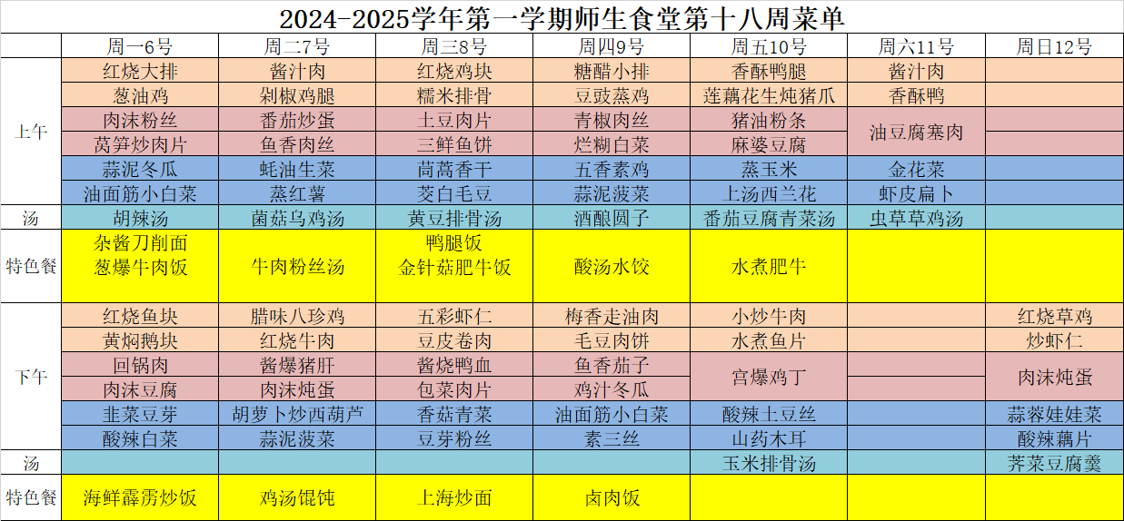 2024-2025学年第一学期师生食堂第十八周菜单