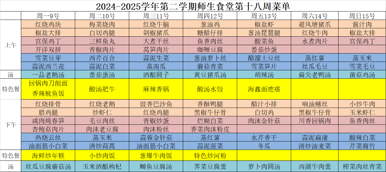 2024-2025学年第二学期师生食堂第十八周菜单