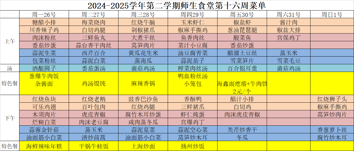 2024-2025学年第二学期师生食堂第十六周菜单