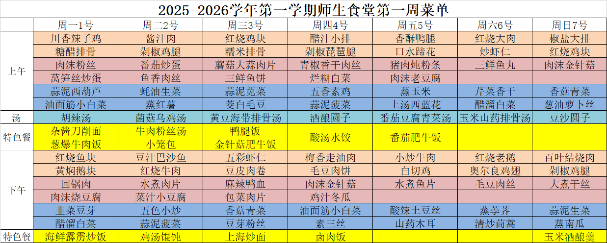 2025-2026学年第一学期师生食堂第一周菜单