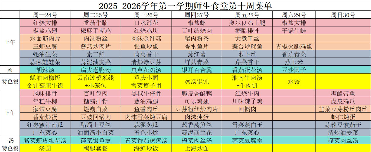 2025-2026学年第一学期师生食堂第十一周菜单